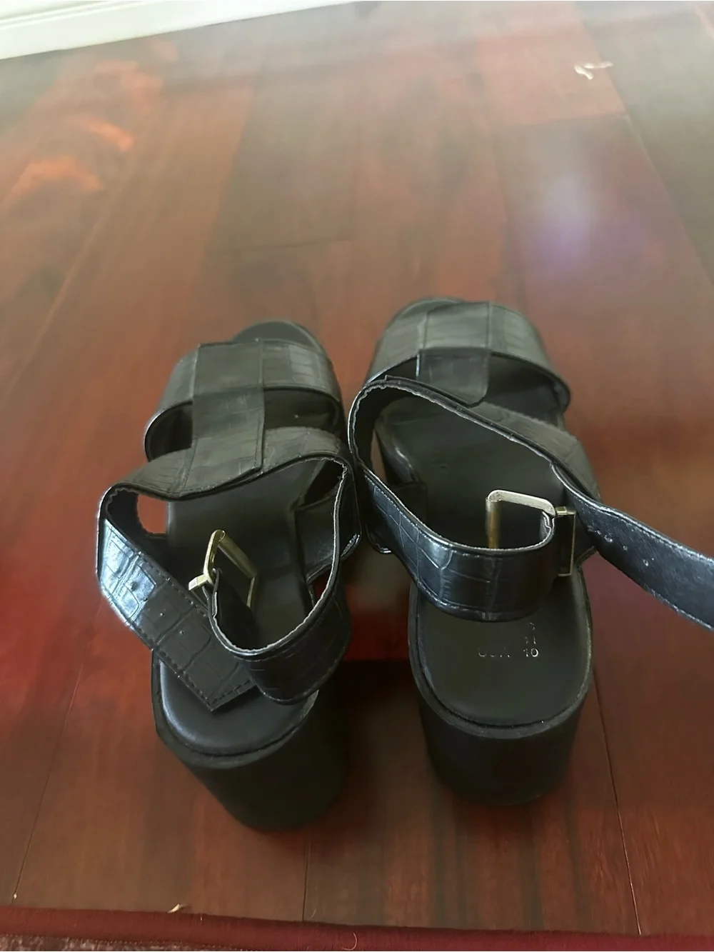 Black Platform Sandals with Croc-Embossed Straps